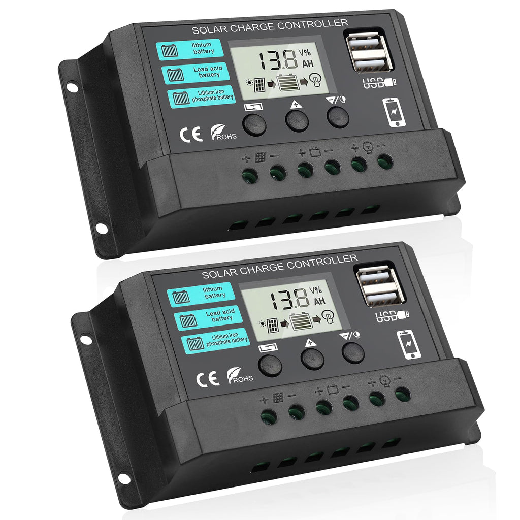 2 Packs 30A Solar Battery Charge Controller 12V 24V PWM Charger Auto Intelligent Regulator with Dual USB Ports/LCD Display/Adjustable Parameter/Timer Setting/Multiple Load Modes and Protections Black
