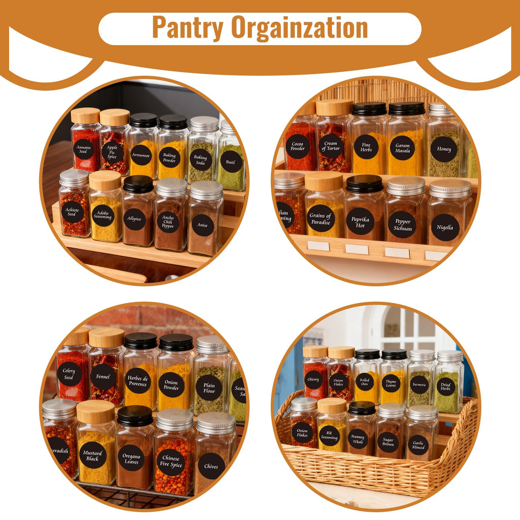 4oz Glass Spice Jars with Bamboo Lids, 24 Pack Empty Square Spice Bottles with Grinder, Stickers and Brush for Cabinet, Drawer, Rack, Pantry, Kitchen and Seasoning Organizer