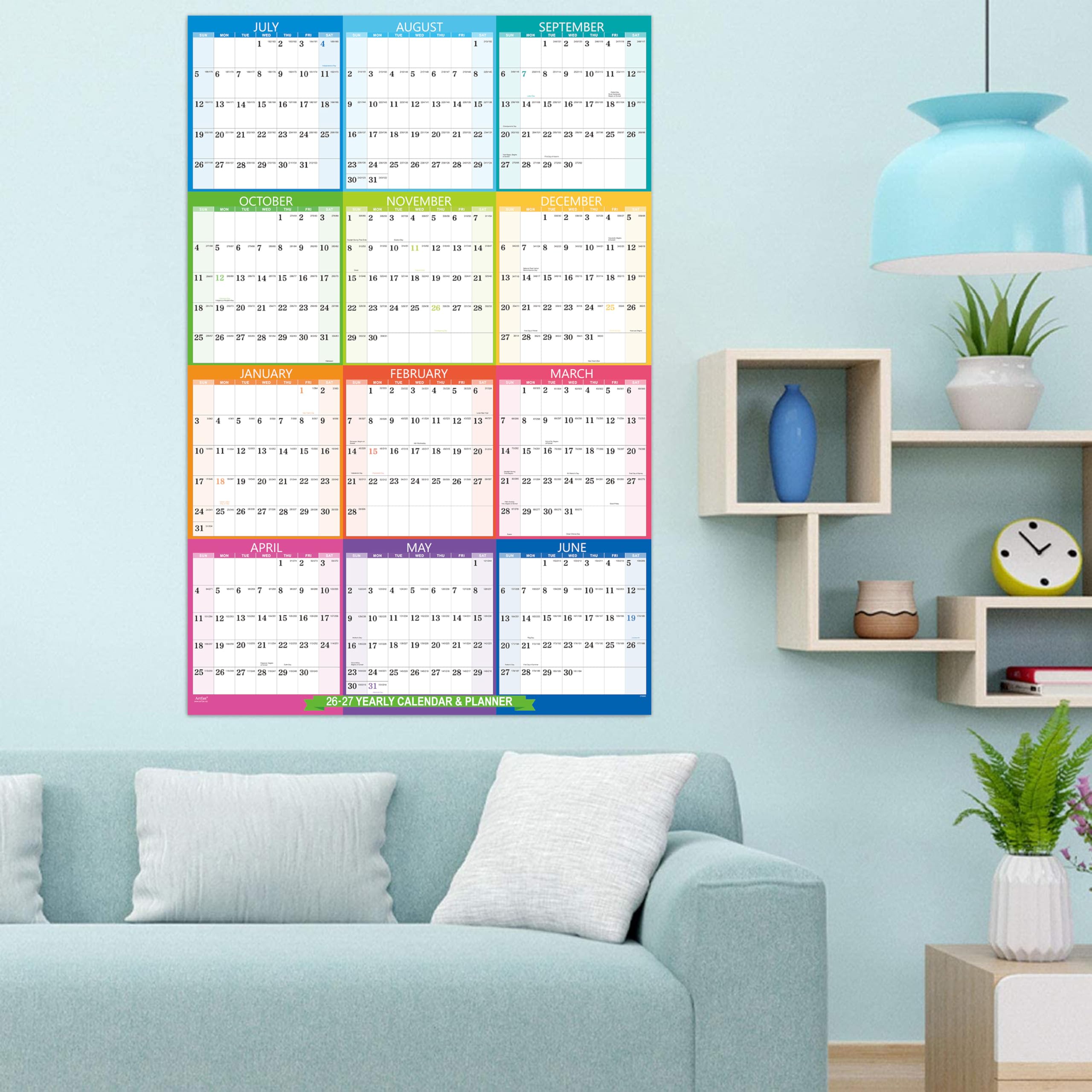 2026-2027 Yearly Wall Calendar - 2026-2027 Calendar, July 2026 - June 2027, Yearly Calendar/Planner, 34.3" x 22.8"(Open), Wall Calendars 26-27 with Double-Sided Round Sticks - Colorful