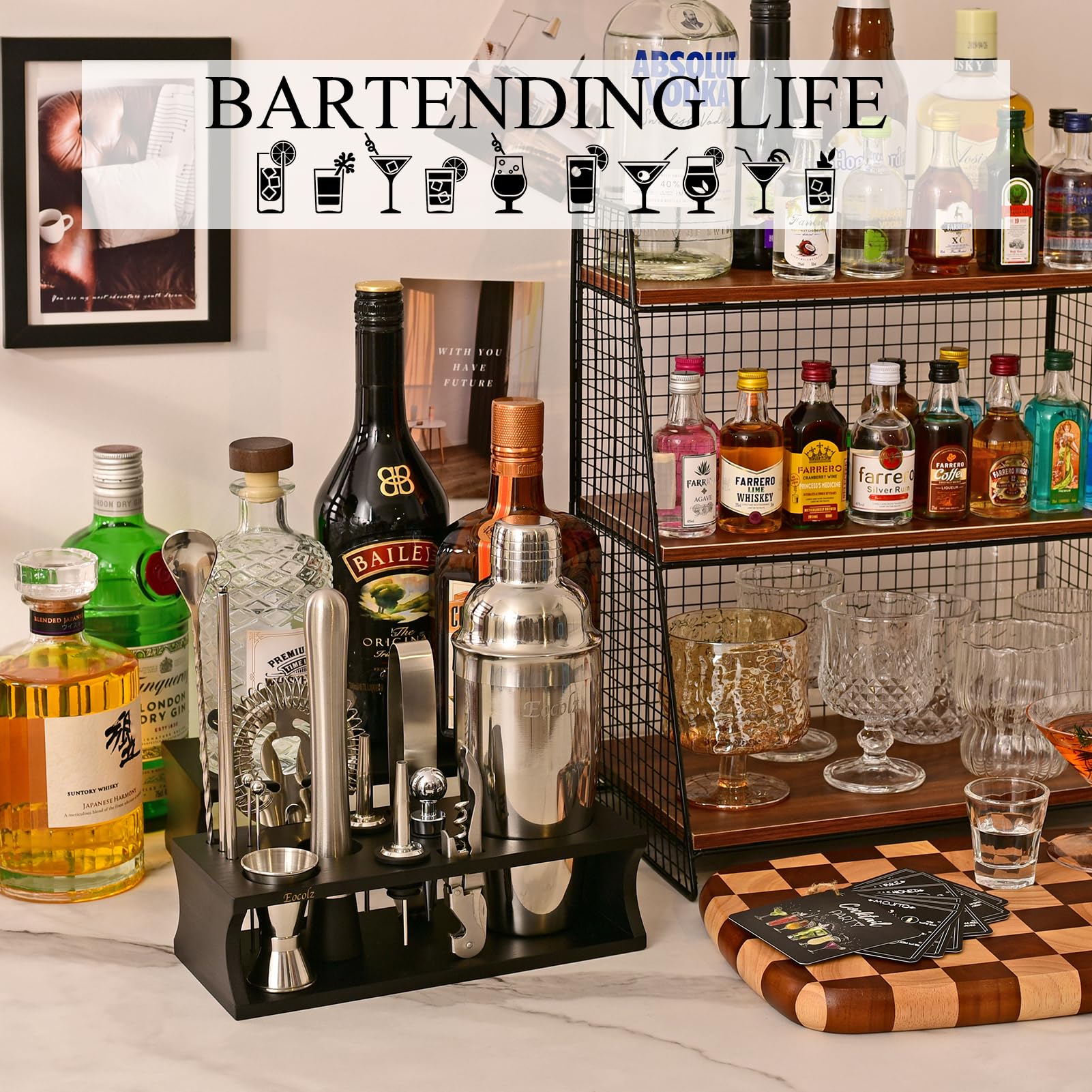 Bartender Kit with Stand Cocktail Shaker Set | 17 Piece Bar Tool Set, Bar Kit Cocktail Set for Drink Mixing - Includes Martini Shaker, Strainer, Jigger, Bar Mixer Spoon, Muddler, Tongs | Gift Idea