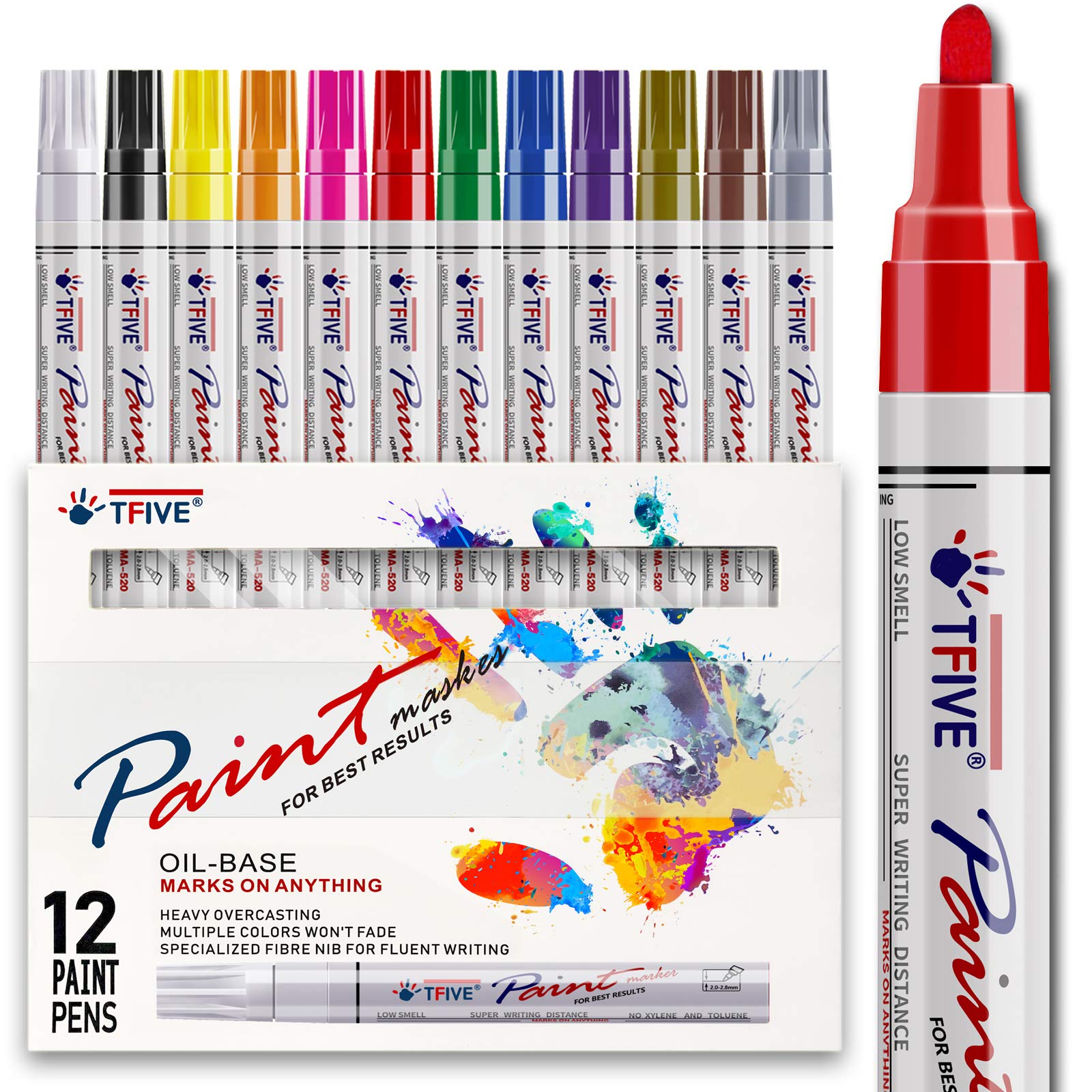 Paint Pens Paint Markers Never Fade Quick Dry and Permanent,12 Color Oil-Based Waterproof Paint Marker Pen Set for Rock Painting, Stone, Ceramic, Wood, Fabric, Plastic, Canvas, Glass, Mugs, DIY Craft