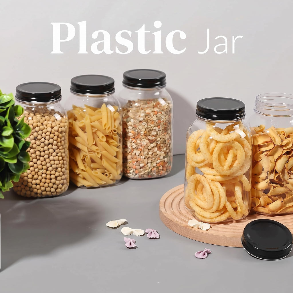novelinks 32 oz Mason Jars with Plastic Lids, 12 Pack Large Plastic Salad Jars with Lids 32oz, Reusable Spice Containers & Kitchen Jars for Pantry Organization (12 Pack,Black)