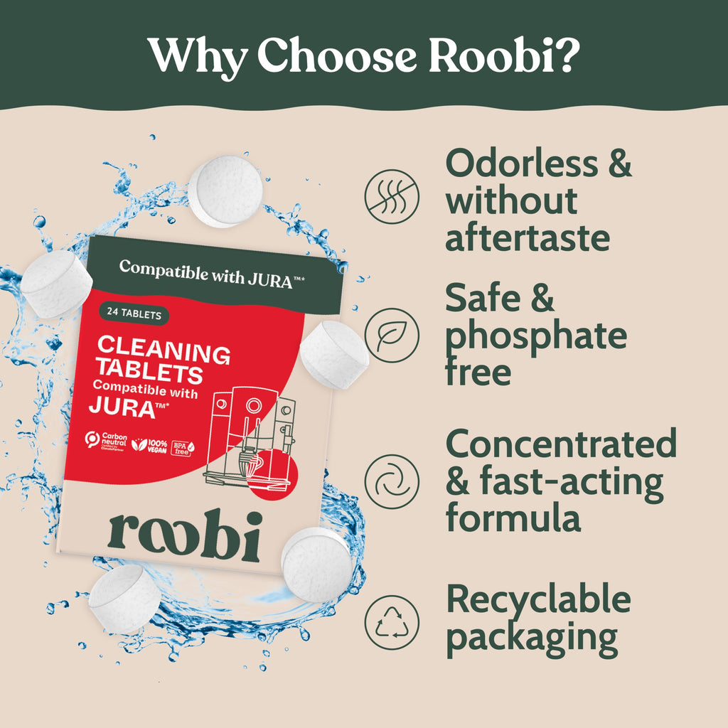 Roobi Compatible Cleaning Tablets for Jura. 24 Jura Cleaning Tablets for Automatic Espresso Coffee Machines. 100% Vegan, Carbon Neutral.