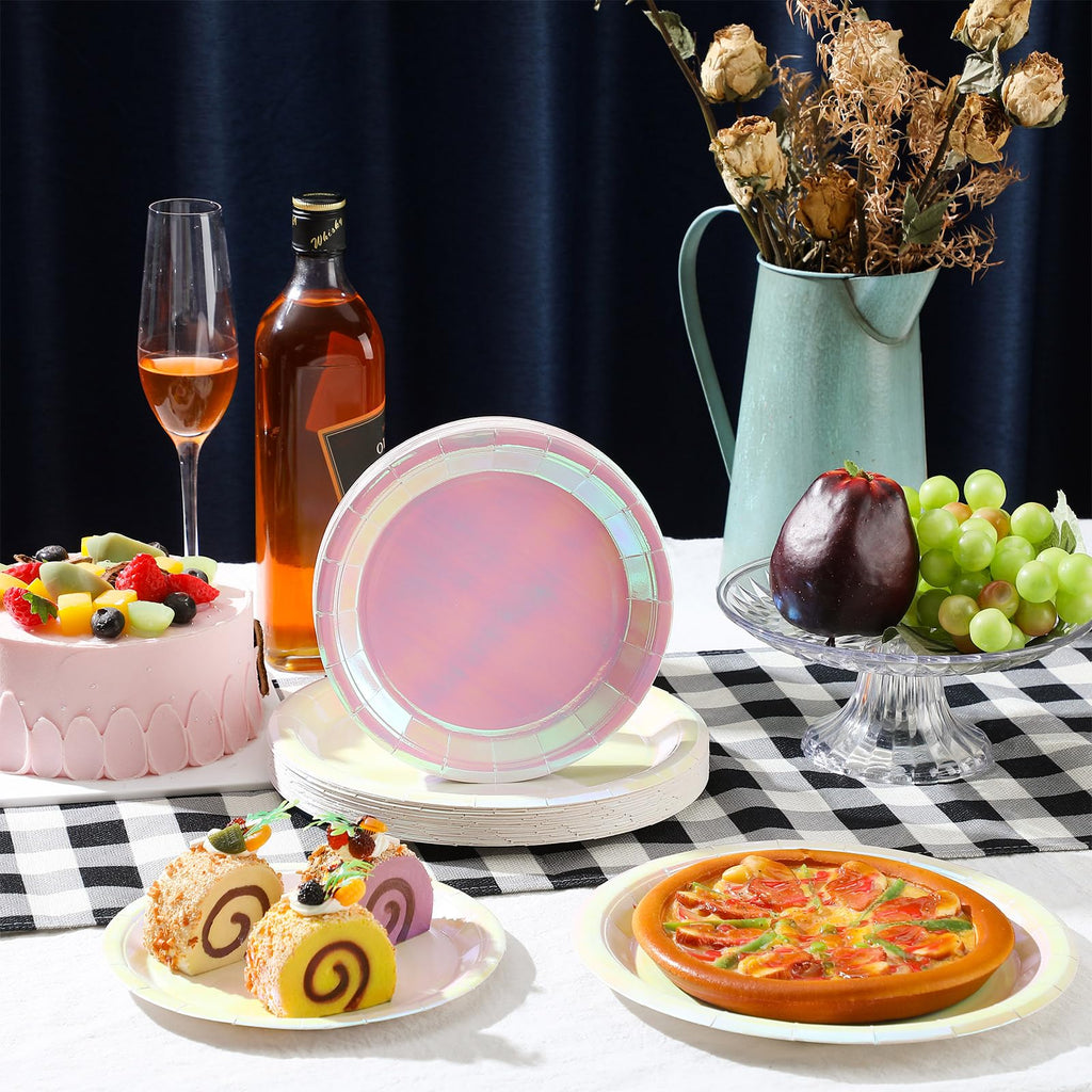 Newtay 50 Pcs Iridescent Pink Paper Plates 7" and 9" Holographic Glitter Round Plates for Birthday Wedding Baby Shower Party Supplies