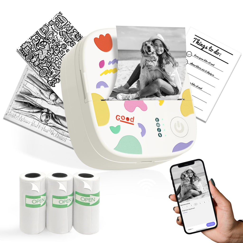 Mini Sticker Printer, Mini Thermal Printer with 4 Rolls Paper, Bluetooth Inkless Printpods, Pocket Label Maker Suitable for Creative Kids DIY, Diaries, Study Notes, Photos