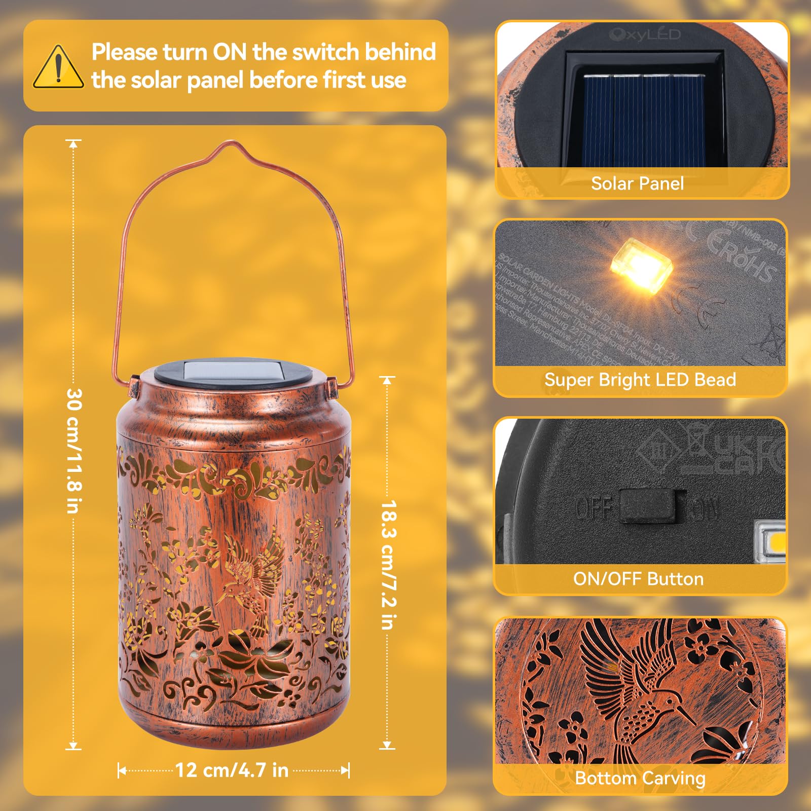 Hummingbird Solar Lanterns Outdoor - OxyLED Metal Waterproof Solar Garden Lanterns, Hanging Lanterns Solar Powered with Handle for Table Pathway Walkway, Birthday Gift for Mom Grandma Women