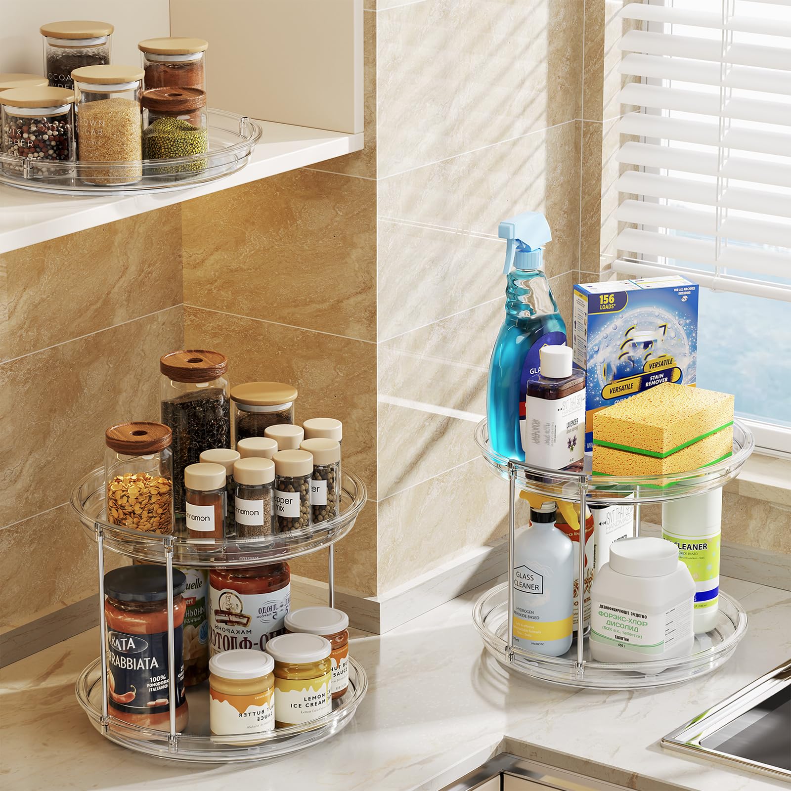 LAMU 2 Pack 2 Tier Lazy Susan Turntable Organizer 9.25'' Rotating Spice Rack Organization for Cabinet, Table Top, Pantry, Countertop, Bathroom, Vanity, Medicine Cabinet Organizer, Clear