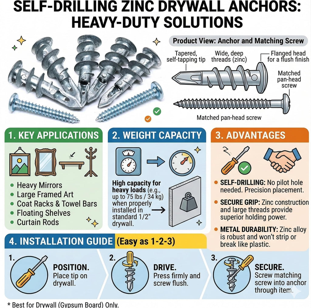 Stanz 100 PCS Drywall Anchors Kit 50 Zinc Heavy Duty Metal Wall Anchors and 50#8 x 1-1/4'' Screws Total 100 Pieces, Metal Anchor Better Than Plastic Anchor Self Drilling Sheetrock Gypsum