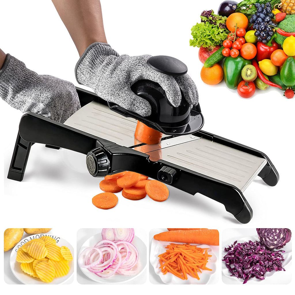 Mandoline Slicer for Food and Vegetables -VEKAYA Adjustable Kitchen Vegetable Slicer for Potato and Onion| French Fry Slicer, Vegetable Chopper with Hand Protectors and Gloves (Black)