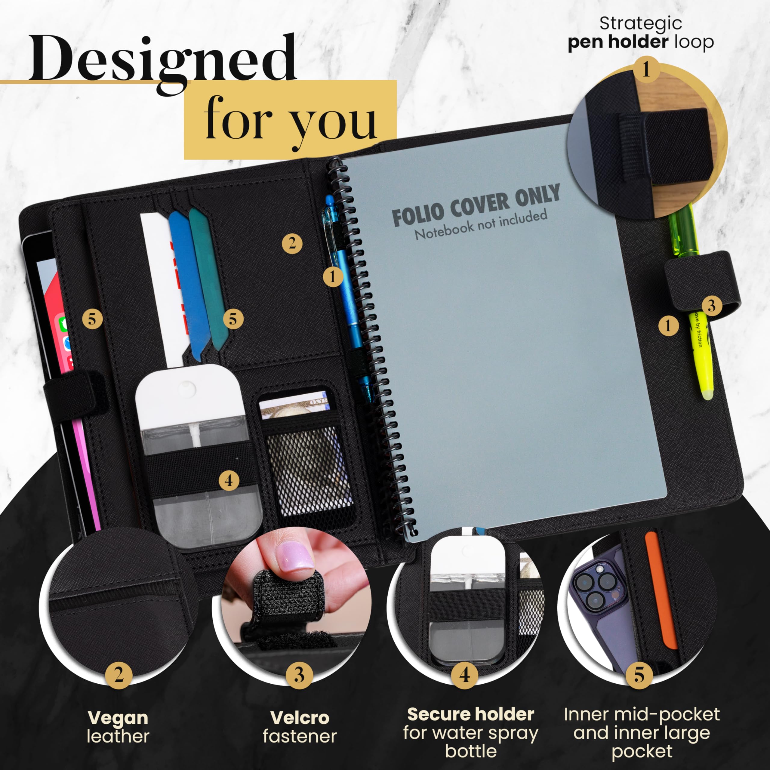 Premium Folio Cover Compatible with Rocketbook Everlast, Wave, Fusion, Panda, Smart Reusable Notebook - Executive Size A5 Portfolio Organizer Multiple Pockets & Sections Fits 6 x 8.8" Smart Notebook