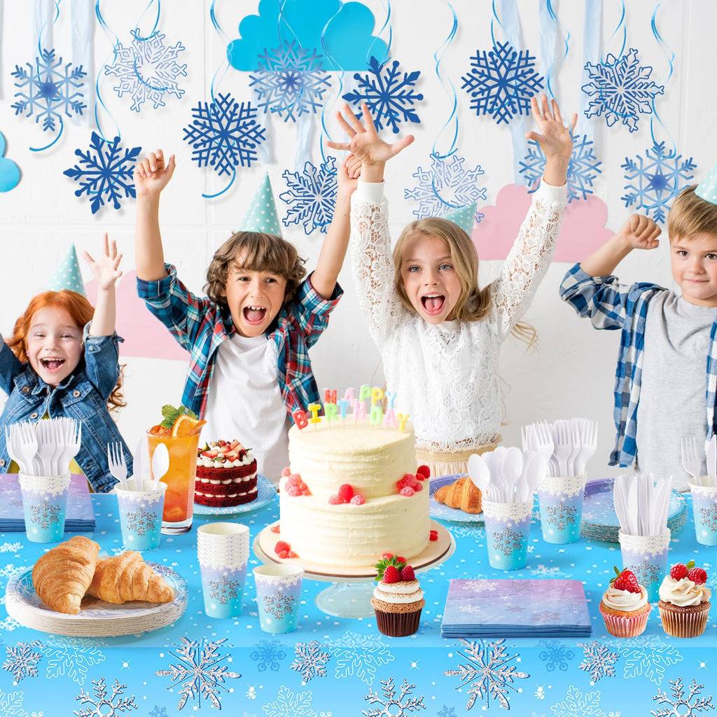 WINTS 175 Pcs Winter Wonderland Birthday Party Supplies, Disposable Snowflake Plates Tableware Set,Paper Plates,Napkins,Cups,Tablecloth Decor for Magical Snowflake Decorations,Serves 24 Guests