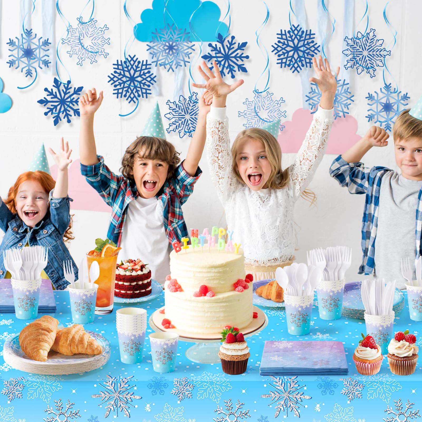 WINTS 175 Pcs Winter Wonderland Birthday Party Supplies, Disposable Snowflake Plates Tableware Set,Paper Plates,Napkins,Cups,Tablecloth Decor for Magical Snowflake Decorations,Serves 24 Guests