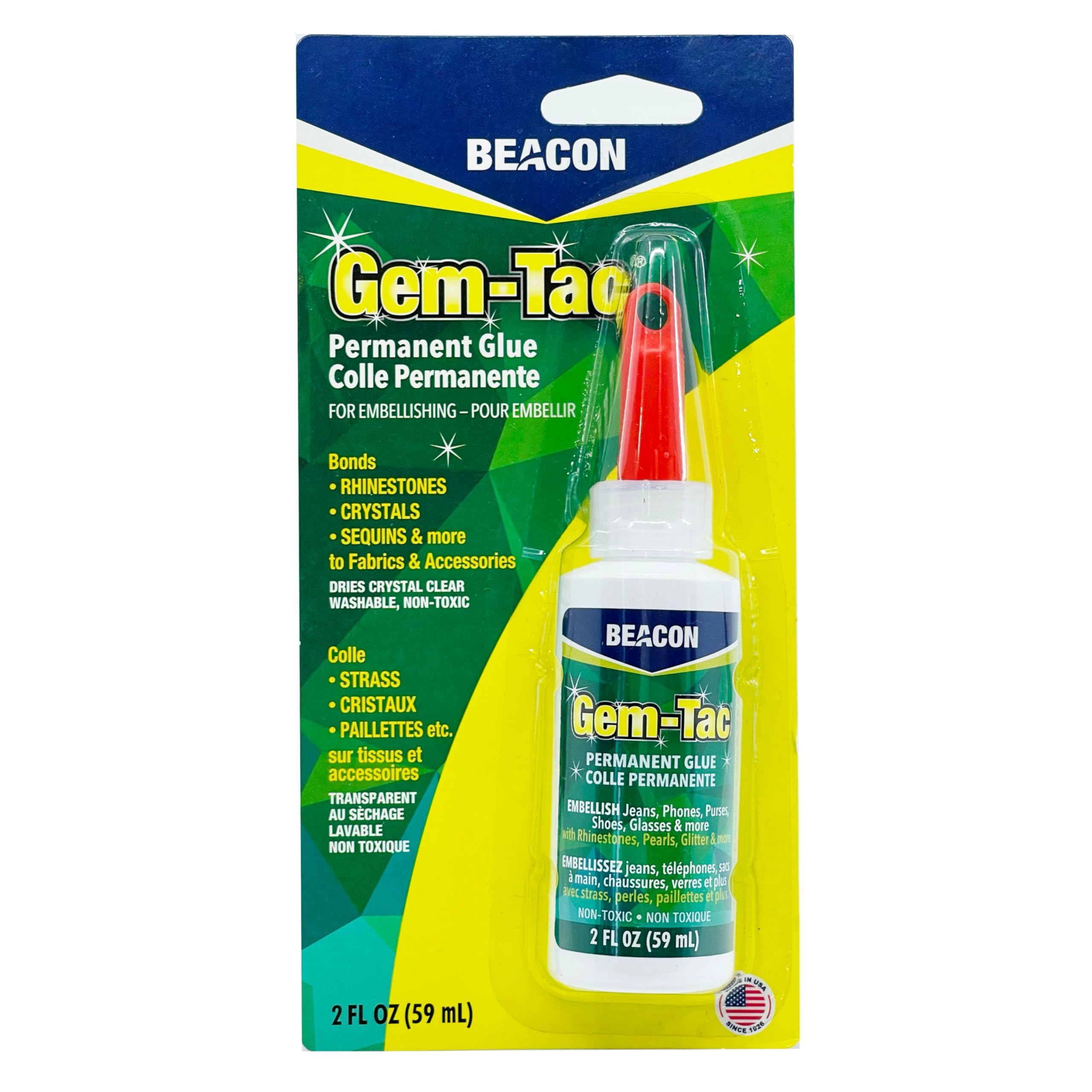 Beacon Gem-Tac Premium Quality Adhesive for Securely Bonding Rhinestones and Gems - Water-Based, UVA Resistant, 2-Ounce