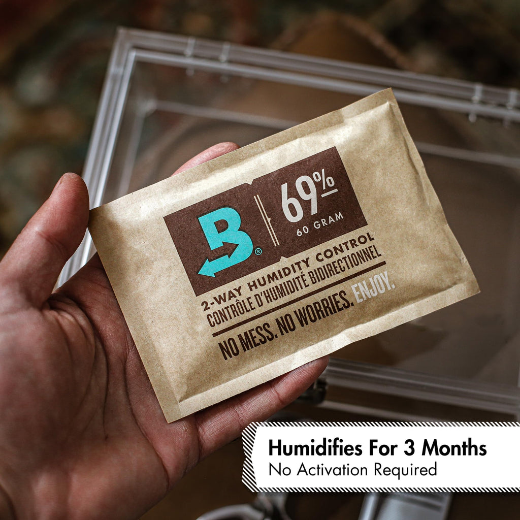 Boveda 69% Two-Way Humidity Control Packs For Plastic and Wood Containers Size 60 – 4 Pack – Moisture Absorbers – Humidifier Packs – Hydration Packets in Resealable Bag