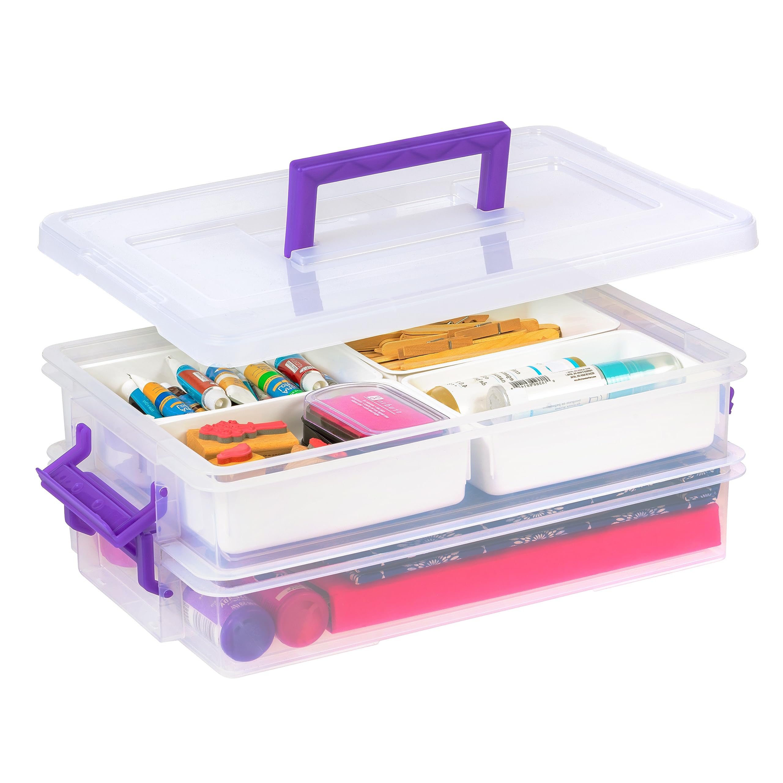 IRIS USA 8.9 L (9.4 US Qt) Large 2-Layer Portable Stack and Carry Storage Bin with Buckle-Up Lid, 4 Removable Dividers, for Arts Crafts Supplies Stationery Medicine Play-Doh Nail Polish, Clear/Violet