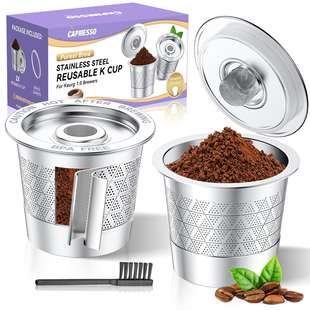 CAPMESSO Reusable K Cups for Keurig: Stainless Steel Refillable K Cup - Reusable Coffee Filter for Keurig 1.0 Coffee Maker, Permanent, Eco-Friendly, Innovative Design (2* Dual-mesh Reusable k Cups)