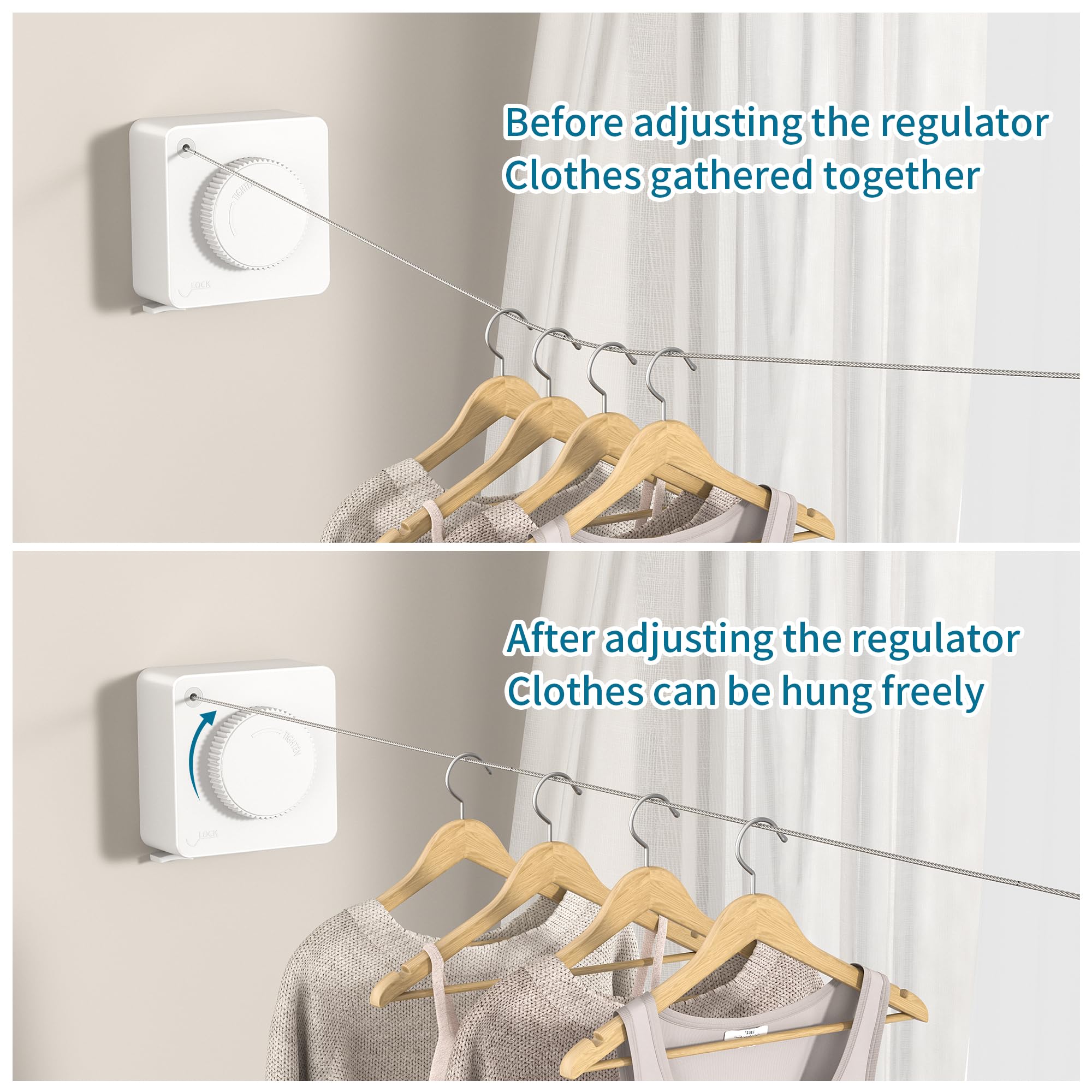 JOOM Retractable Clothesline Heavy Duty Clothes Drying Laundry Line Wall Mounted Easy Hanging Clothes Drying Laundry Line Retracting Hanging Lock to Prevent Sagging (Square,White)