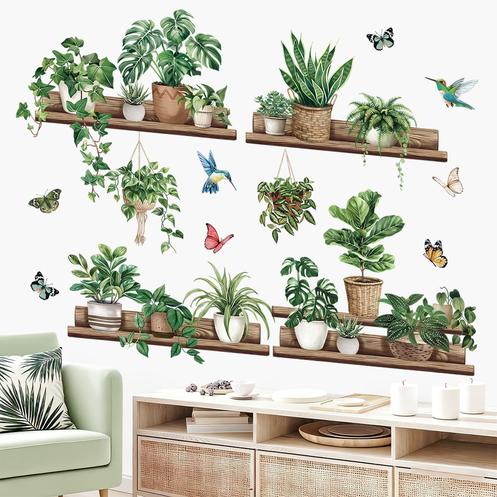 wondever Green Pot Plants Wall Stickers Leaves Potted Plant Butterfly Bird Peel and Stick Wall Art Decals for Living Room Bedroom Tv Background Wall Decor