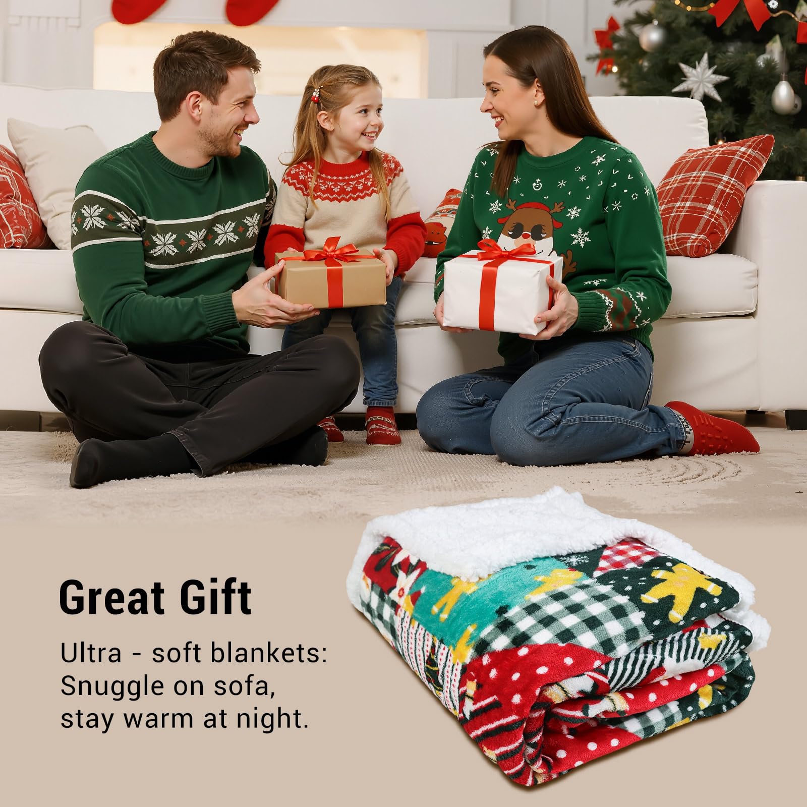 Gogreen Christmas Sherpa Fleece Throw Blanket for Couch Bed Sofa Adults -Soft and Warm Blanket for Winter, Thick and Fuzzy Throw Blanket (Classica Cartoon Plaid)