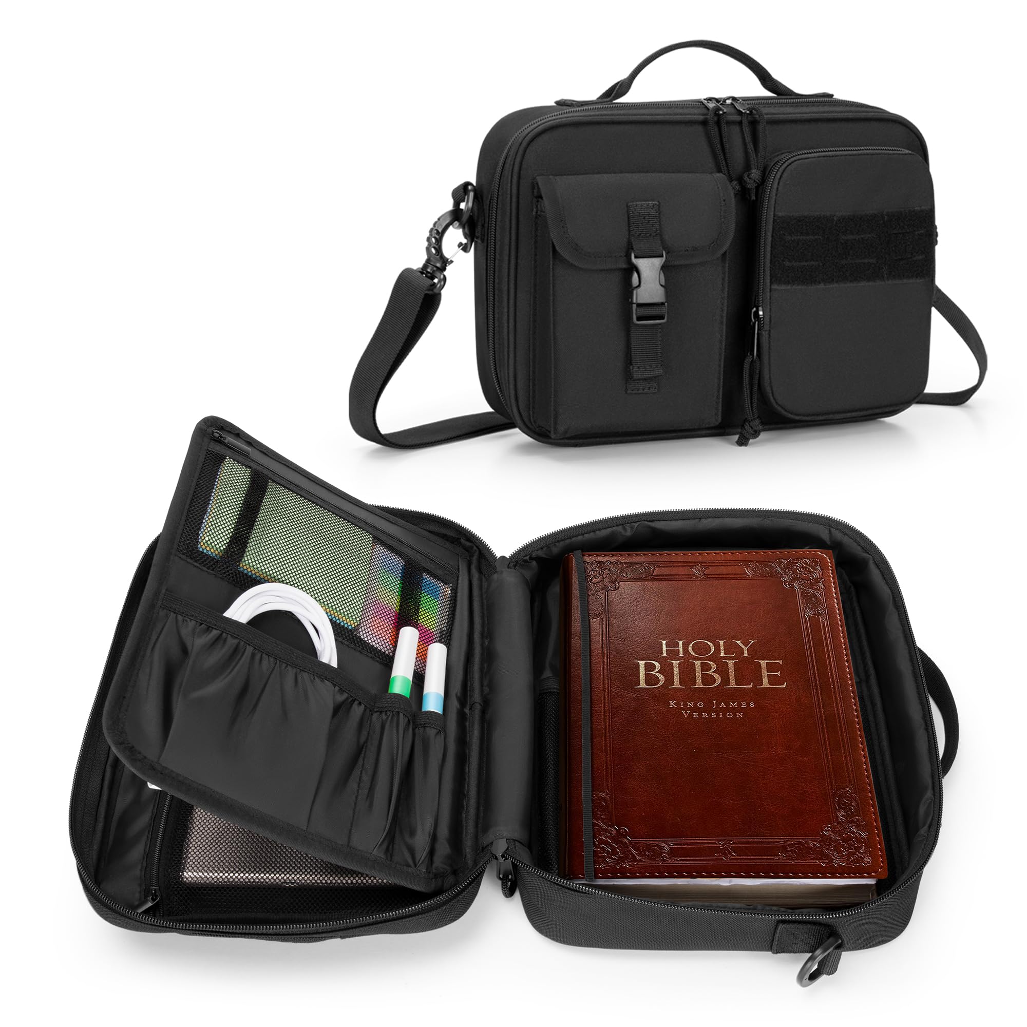 Damero Bible Cover for Men Women, Bible Carrying Case Church Bag with Pockets and Shoulder Strap, Black (Patent Pending)