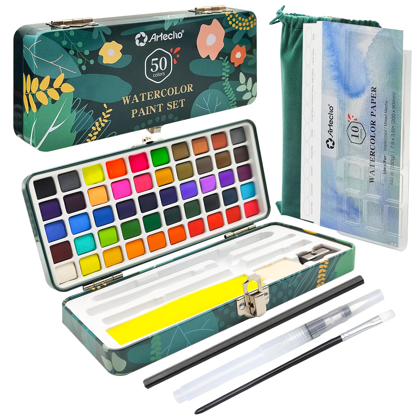 Artecho Watercolor Paint Set 50 Colors in Portable Box Including 4 Fluorescent Colors, Travel Watercolour Set with Watercolour Papers, Brushes and other Tools, Idea for Artists and Hobbyists
