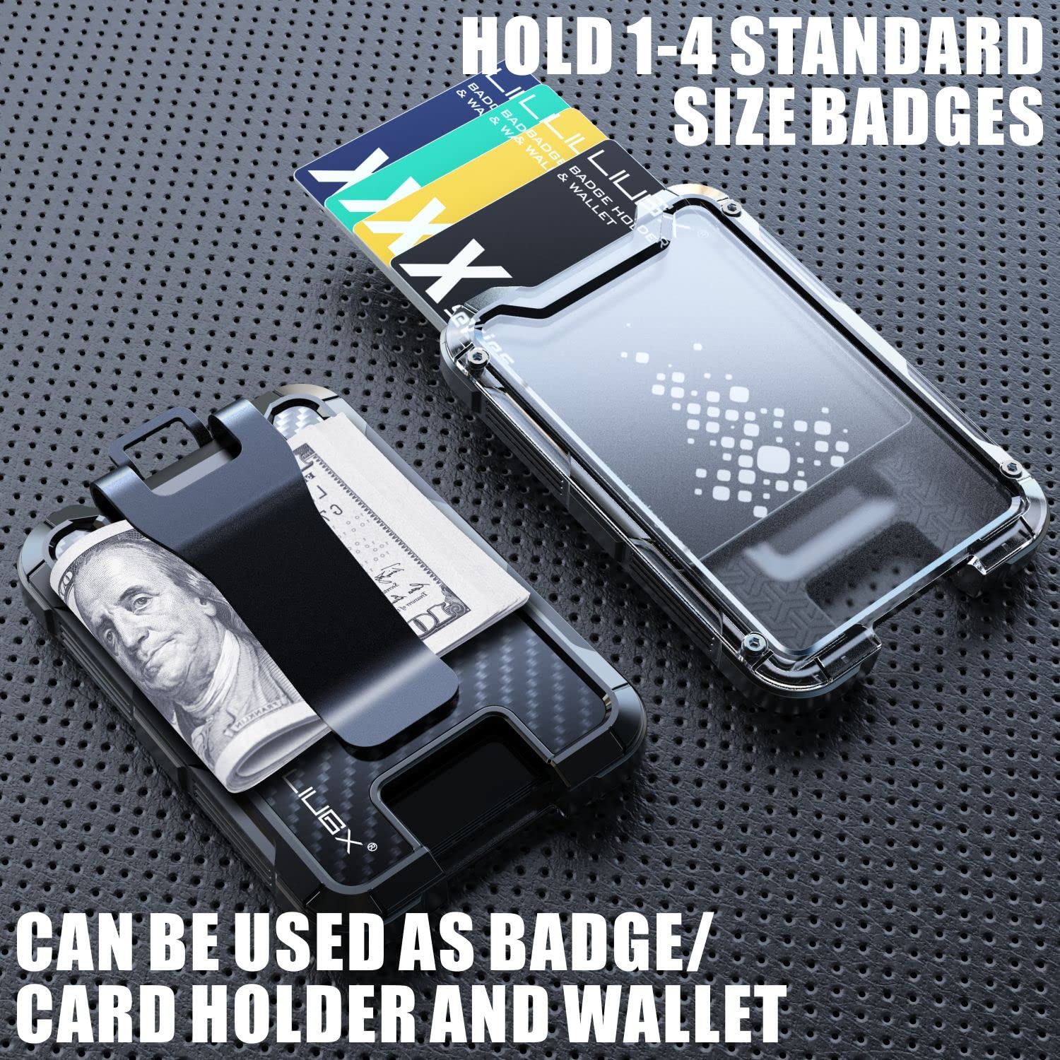 LIUGX Carbon Fiber Badge Holder, ID Card Holder with Metal Clip - Heavy Duty Portable Wallet (Holds 1 to 4 Cards),for Office Police Worker Outdoor,Black
