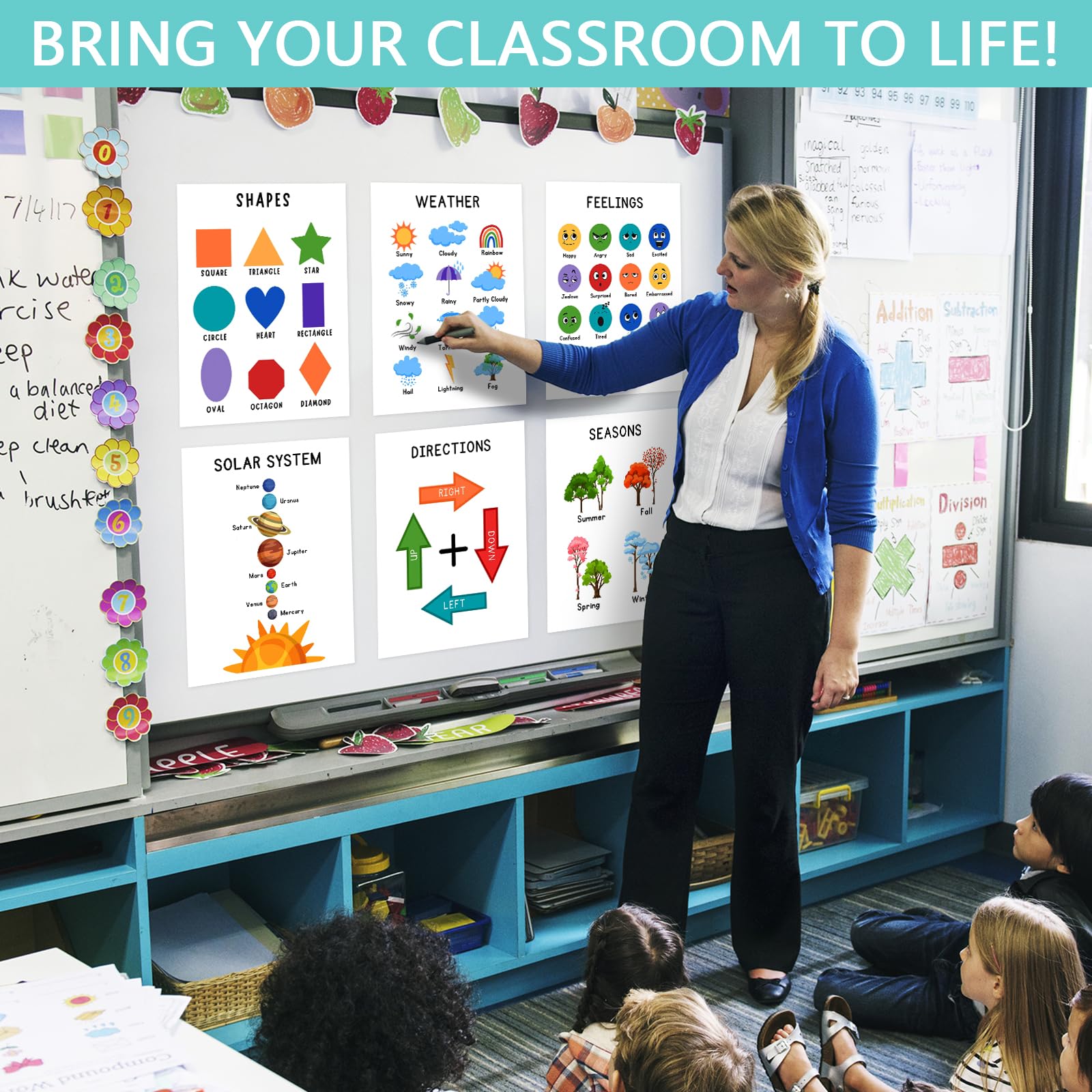 Educational Posters for Toddlers & Preschool Classroom Decor - large Learning Poster,ABC Alphabet, Numbers 1-100, Shapes, Weather, Days of Week Chart - Preschool Classroom Decor, Homeschool & Playroom