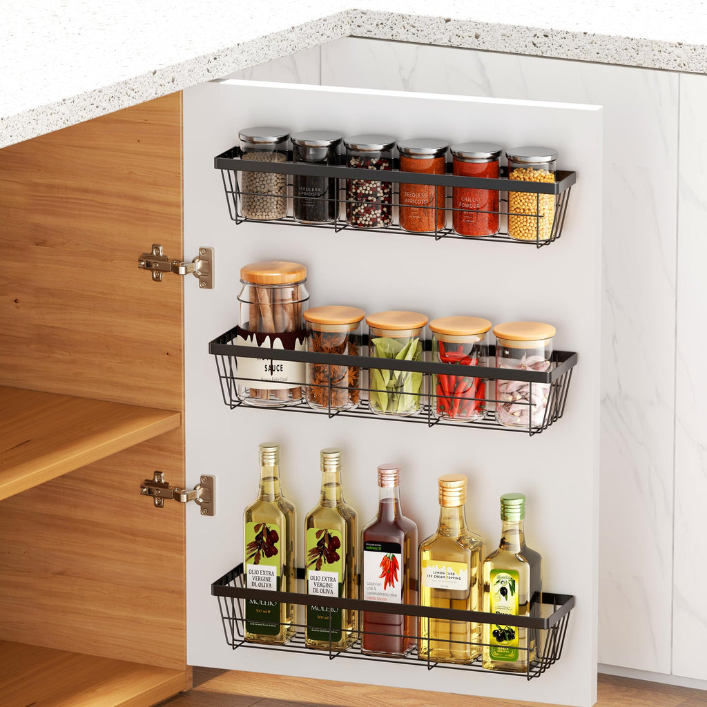3 Pack Kitchen Cabinet Over the Door Organizer,3 Tier Spice Rack,Metal Pantry Organizers,Self Adhesive Kitchen Cabinet Organizer,Cabinet Door Storage Box for Bathroom/Kitchen/RVs. (Black)