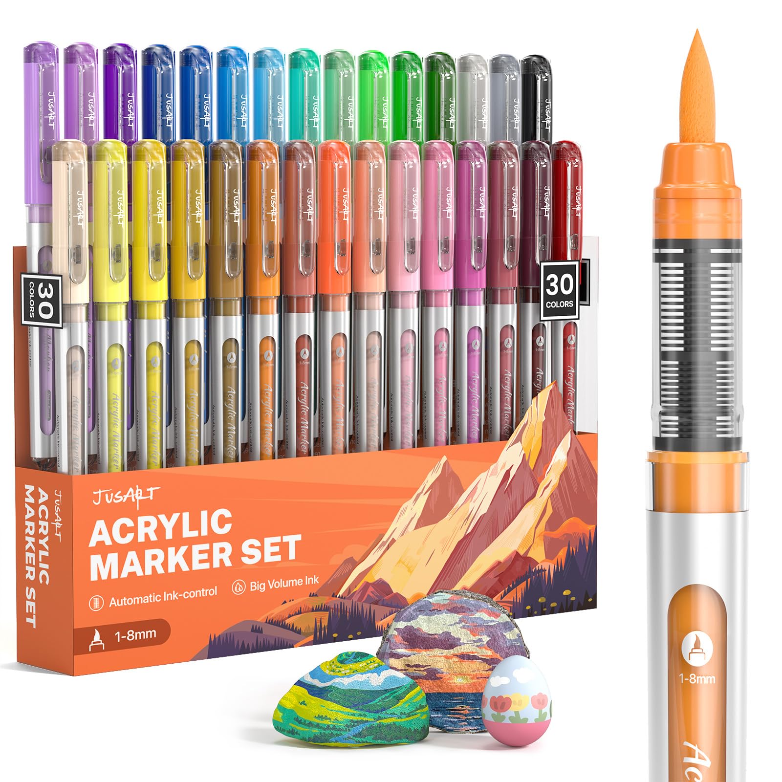 JusArt Acrylic Paint Markers Brush Tip 30 Colors, Water-Based No-Bleed Markers with Automatic Ink Control, Waterproof Acrylic Paint Pens for DIY Art & Crafts -Eggs, Fabric, Rock, Glass, Ceramic, Metal