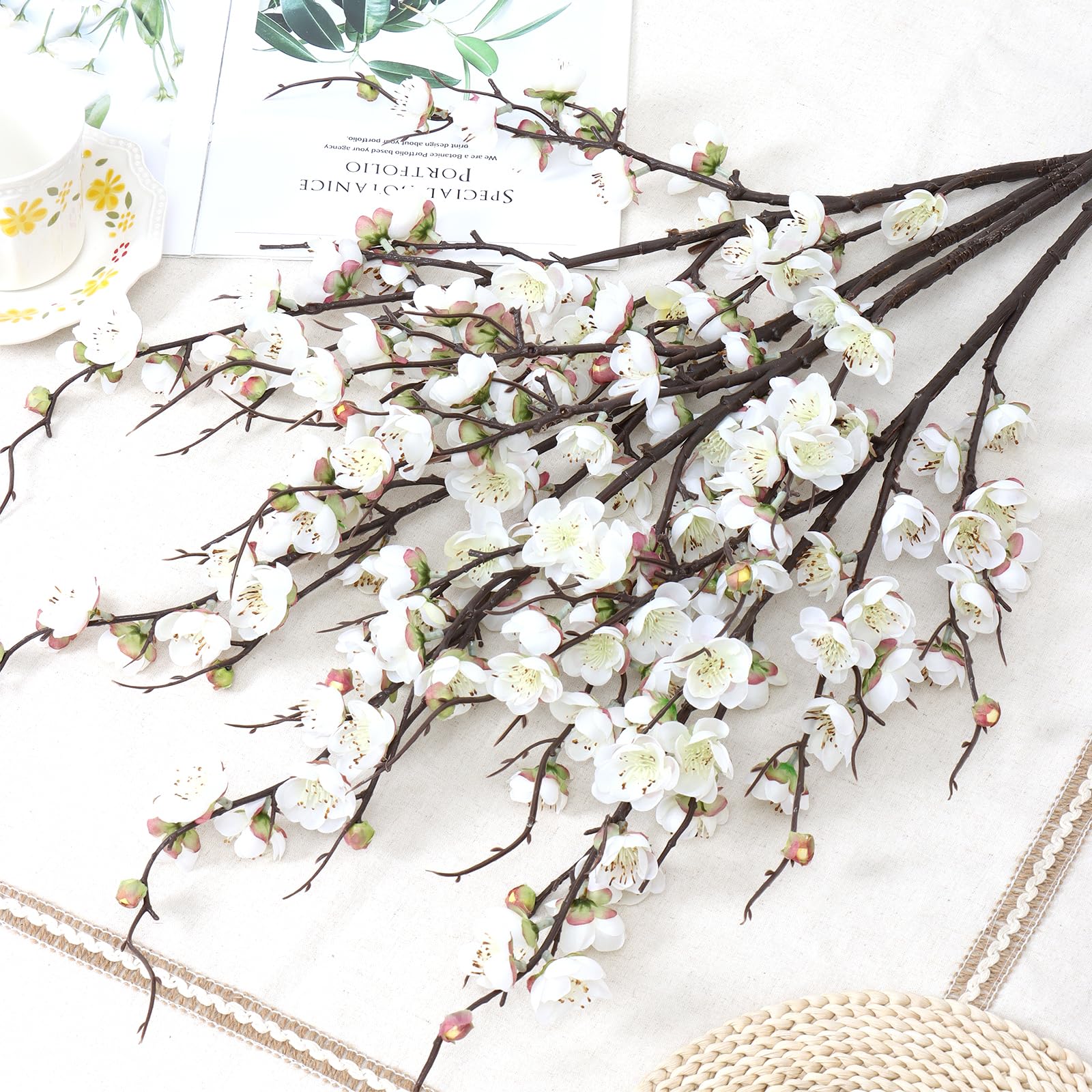 Betylifoy Artificial Plum Blossom Flowers 4Pcs Faux Silk Cherry Blossom 38" Long Stems Fake Plum Blossom Branches Artificial Silk Flower for Flowers Arrangement Wedding Home Table Decor (White, 4PCS)