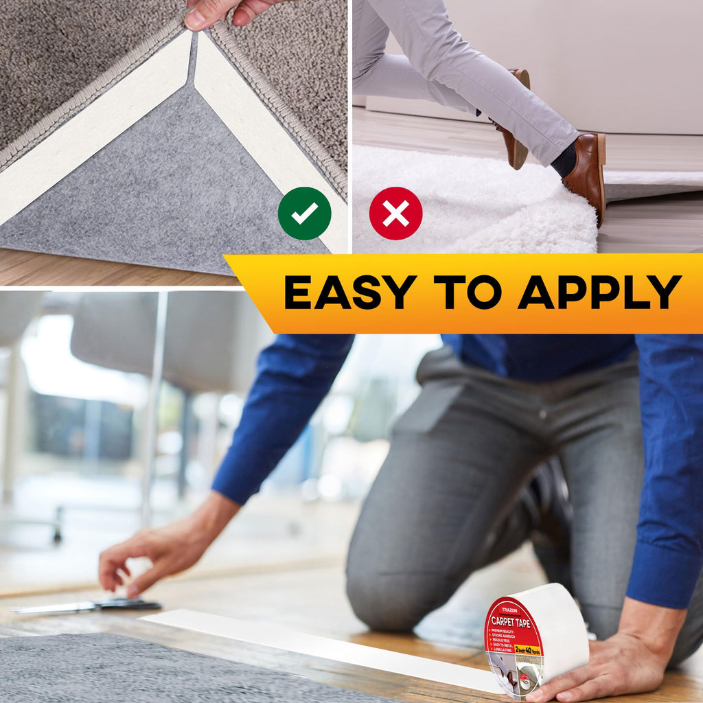 Trazon Carpet Tape Double Sided - Rug Tape Grippers for Hardwood Floors and Area Rugs - Carpet Binding Tape Strong Adhesive and Removable, Heavy Duty Stickers Tape, Residue Free (2 Inch / 40 Yards)