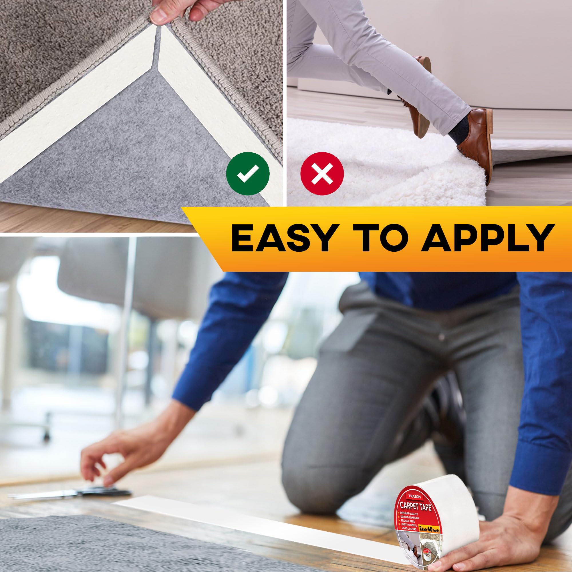 Trazon Carpet Tape Double Sided - Rug Tape Grippers for Hardwood Floors and Area Rugs - Carpet Binding Tape Strong Adhesive and Removable, Heavy Duty Stickers Tape, Residue Free (2 Inch / 40 Yards)