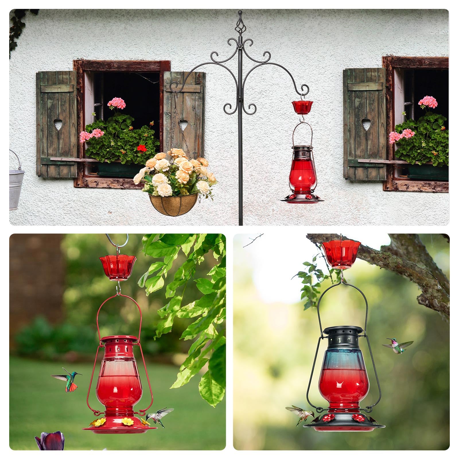Kingsyard Glass Hummingbird Feeder for Outdoors Hanging - Vintage Lantern Style Leak-Proof Humming Bird Nectar Feeder with 6 Feeding Ports & Ant Moat for Outdoor Garden Decor, 24 Ounce, Red