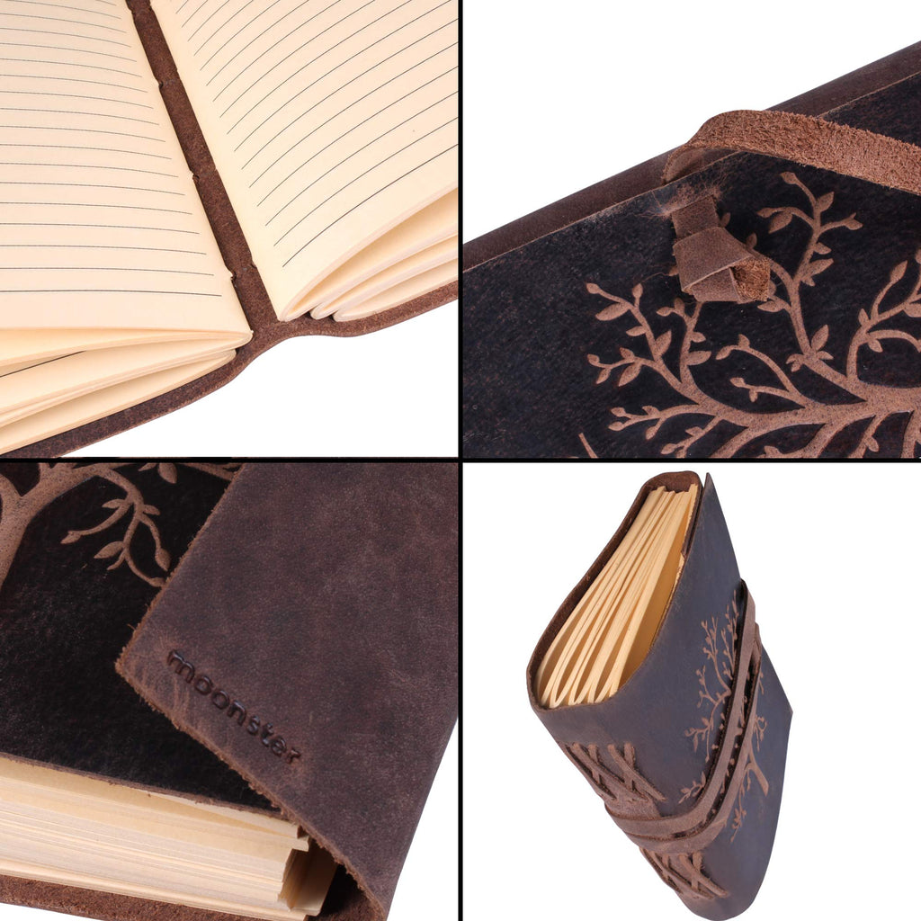 Leather Journal Lined Notebook - Embossed Tree of Life Journal for Women, 7 x 5 Inches Mens Diary Drawing Notebooks - 400 pages - Lined Paper College Ruled - Inspirational Gifts for Women by MOONSTER®