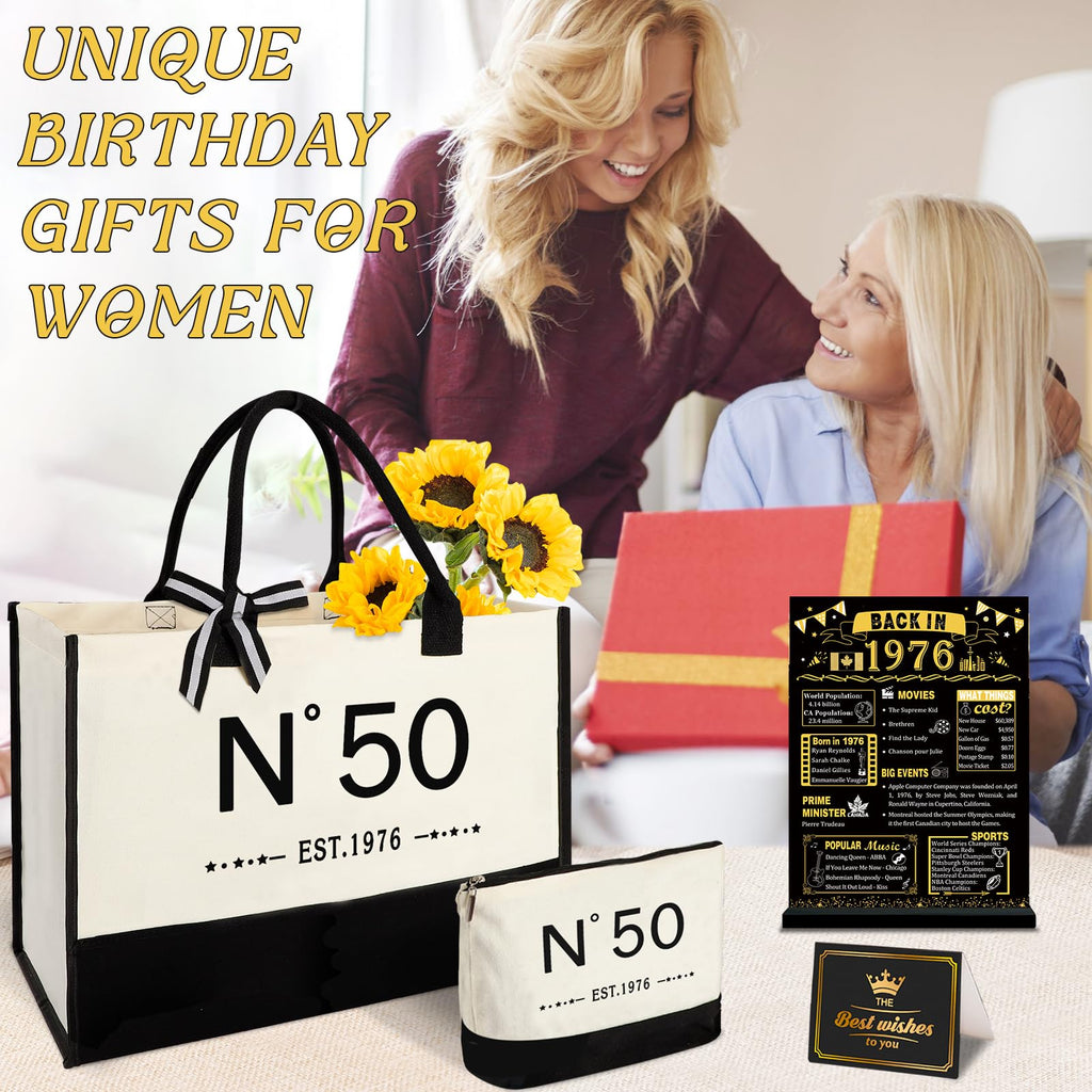 50th Birthday Gifts for Girls Canvas Tote Bag, Unique 50 Years Old Gifts for Mom Wife Aunt Friends Sister Her, EST.1976 Birthday Handbag & Cosmetic Bag & Back in 1976 Poster