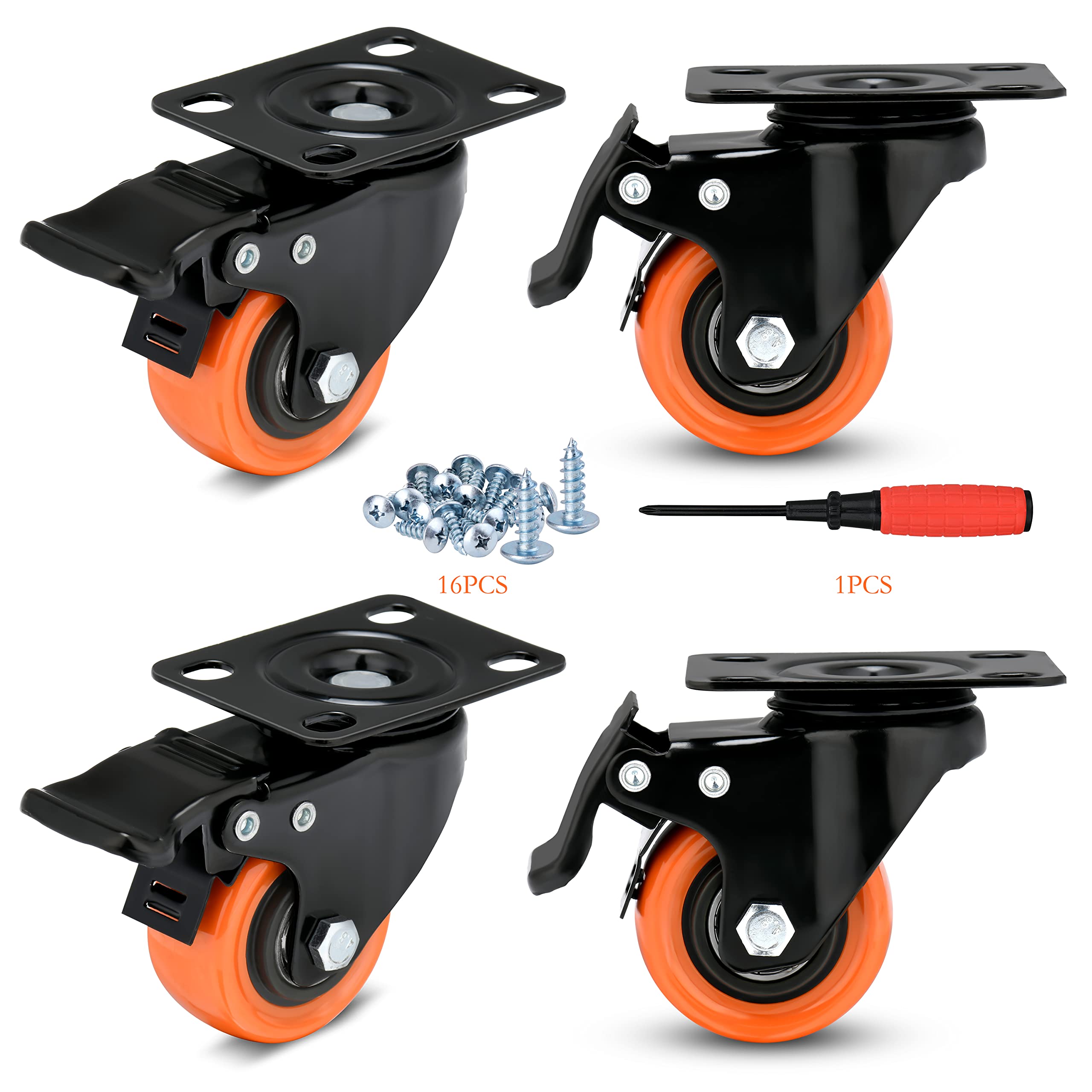 2 Inch Caster Wheels Load 600 Lbs,Orange Polyurethane Castors, Top Plate Swivel Wheels, Casters Set of 4, Locking Casters for Furniture and Workbench,4 Pack Casters with Brake