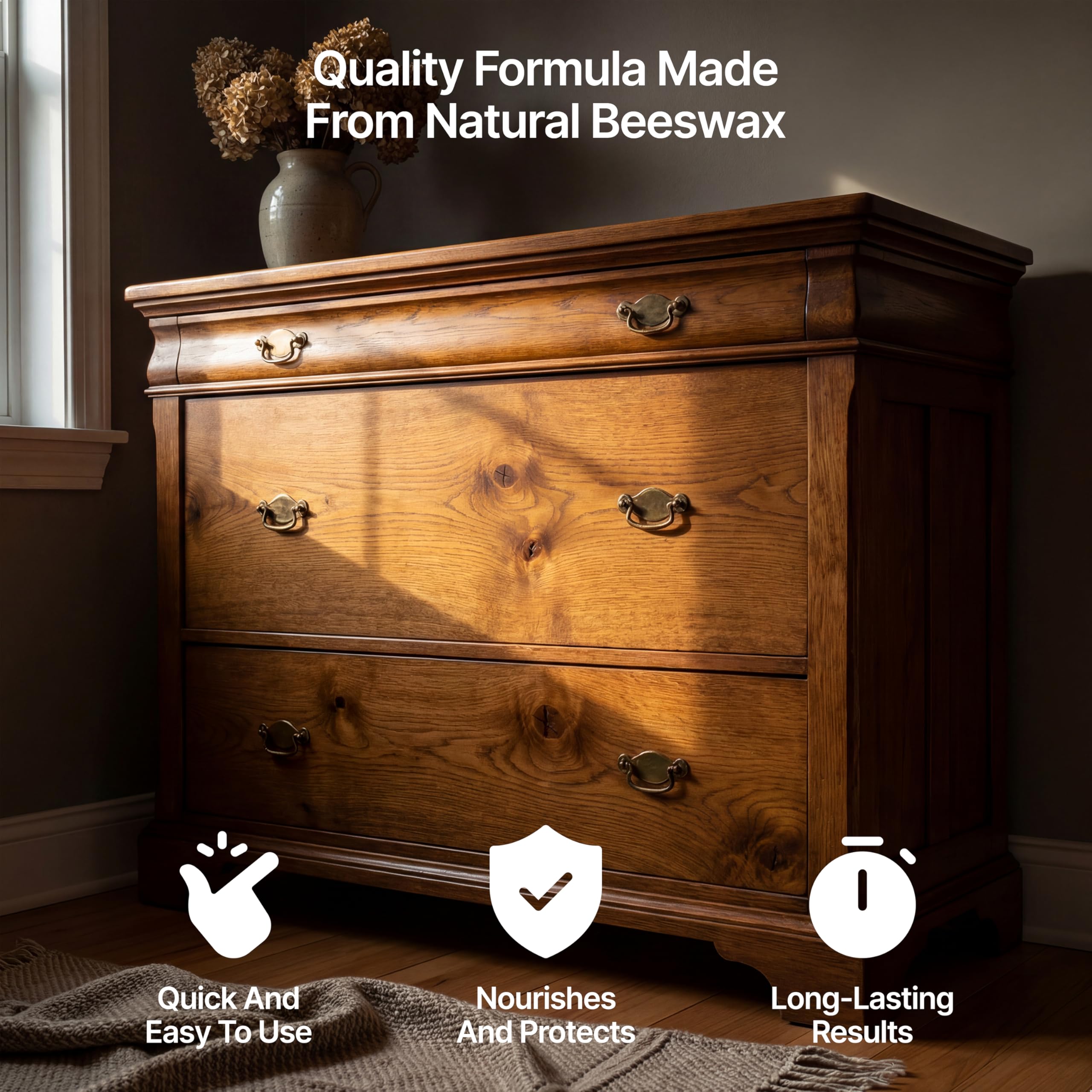 Natural Oak Beeswax Furniture Polish 200 ml / 6.8 fl oz, & 2 Lint-Free Cloths, Natural Furniture Wax for Wood Protection, Modern, Antique, Wood, Furniture, Restores & Protects, Long-Lasting Bees Wax