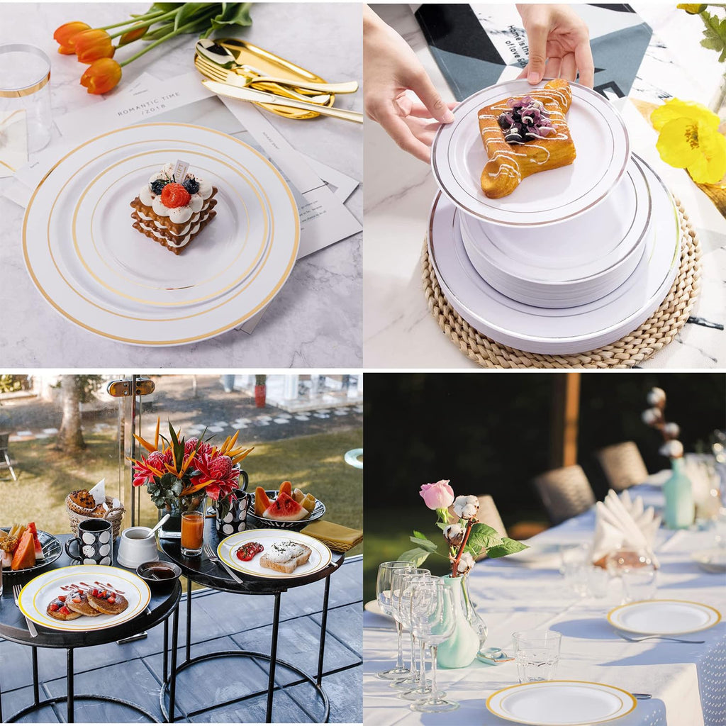 60Pcs Plastic Party Plates White Silver Rim, 30 Premium Heavy Duty 10.25 Inch Dinner Plates and 30 Disposable 7.5 Inch Dessert Appetizer Elegant Fancy Heavy Duty Wedding Plates