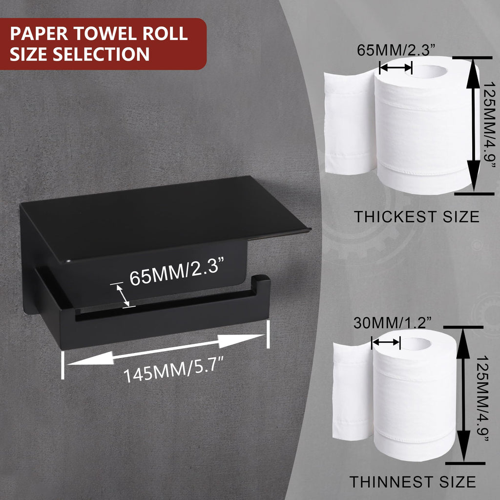 LANC Matte Black Toilet Paper Holder with Shelf Toilet Tissue Roll Holder with Phone Shelf for Bathroom Wall Mounted or Self-Adhesive Toilet Paper Roll Holder Stainless Steel, A8367MB