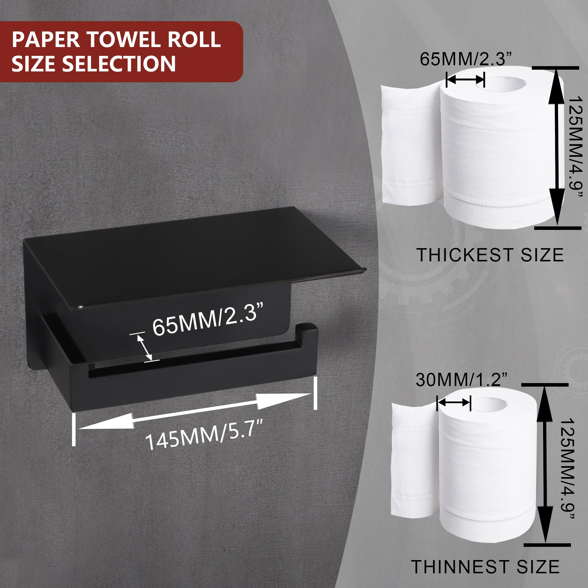 LANC Matte Black Toilet Paper Holder with Shelf Toilet Tissue Roll Holder with Phone Shelf for Bathroom Wall Mounted or Self-Adhesive Toilet Paper Roll Holder Stainless Steel, A8367MB