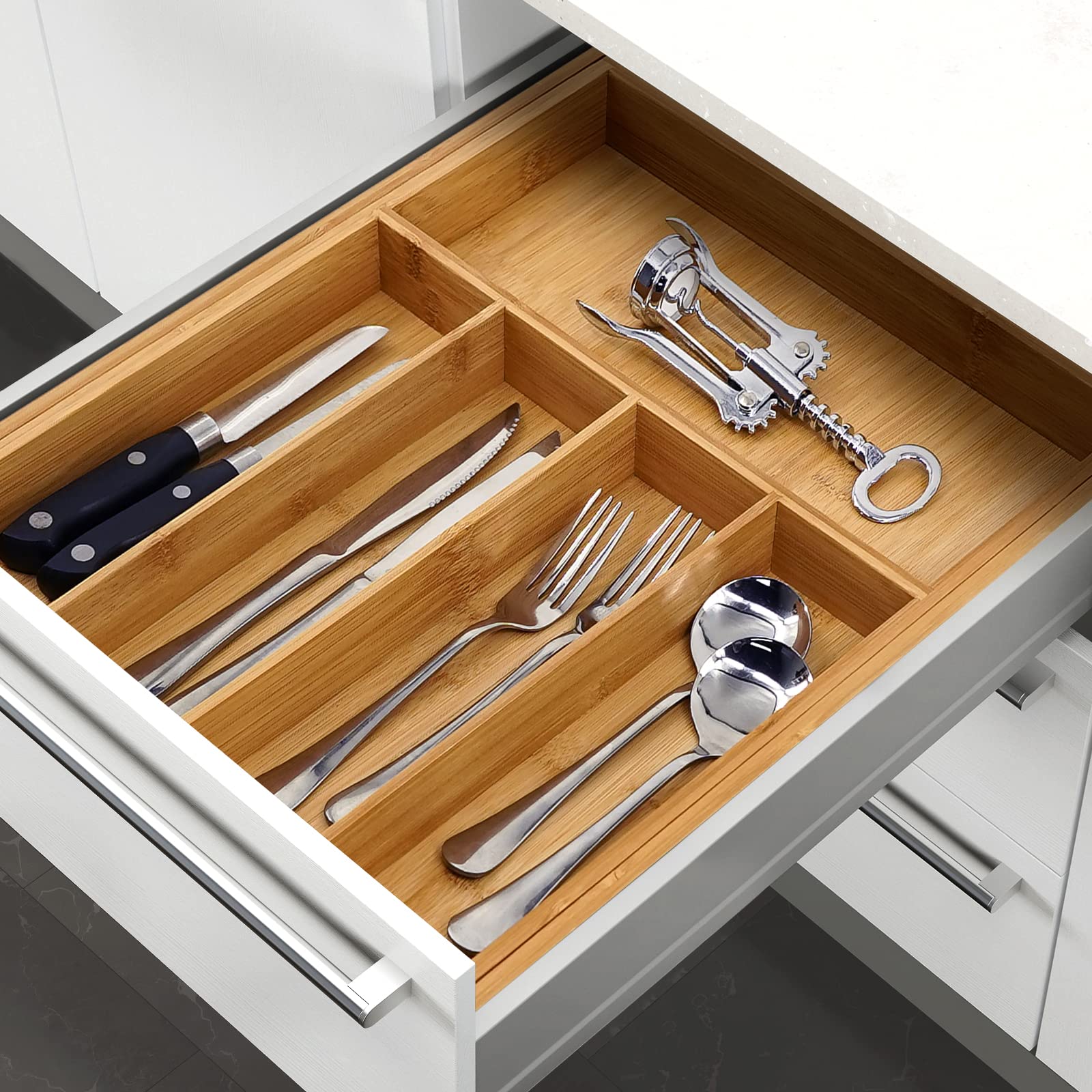 VaeFae Bamboo Drawer Organizer, Expandable Cutlery Drawer Organizer, Wooden Drawer Dividers Organizer for Kitchen Utensils and Flatware