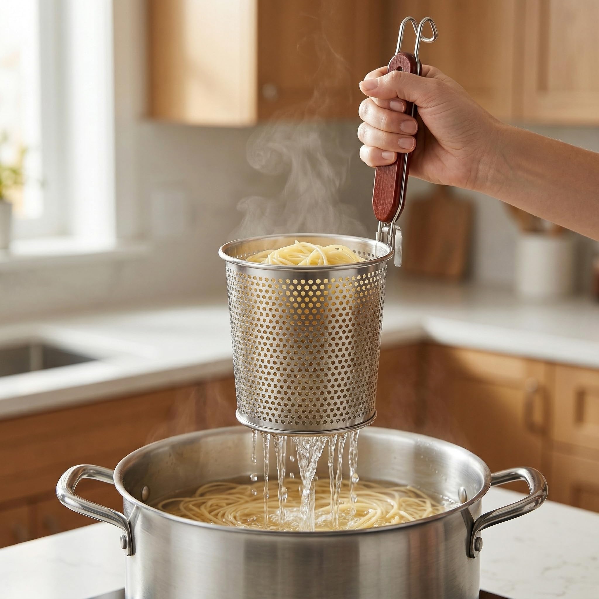 Lawei 3 Packs Mesh Pasta Basket with Wooden Handle Stainless Steel Mesh Spider Strainer for Pasta, Noodles, Dumpling