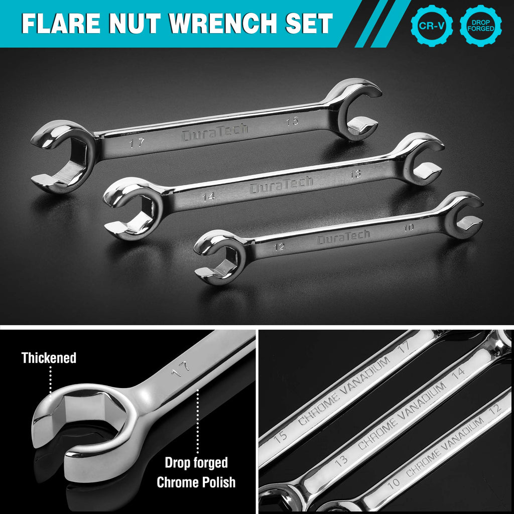 DURATECH Flare Nut Wrench Set, Metric, 3-Piece, 10, 12, 13, 14, 15, 17 mm, CR-V Steel, Organizer Pouch Included