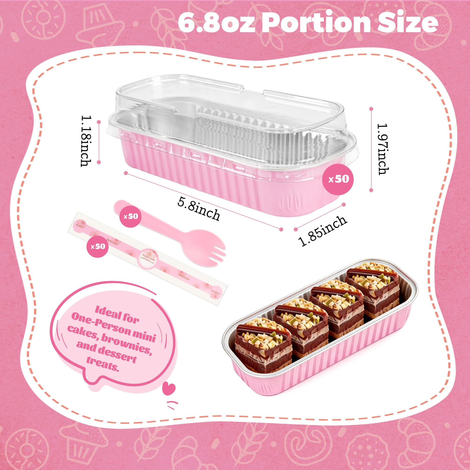 NPLUX Mini Cake Pans with Lids and Spoons, 50 Pack Pink Mini Loaf Pans with Lids, Mini Cake Containers for Baking, Mini Cheesecake and Party Desserts, Individual Cake Pans with Lids