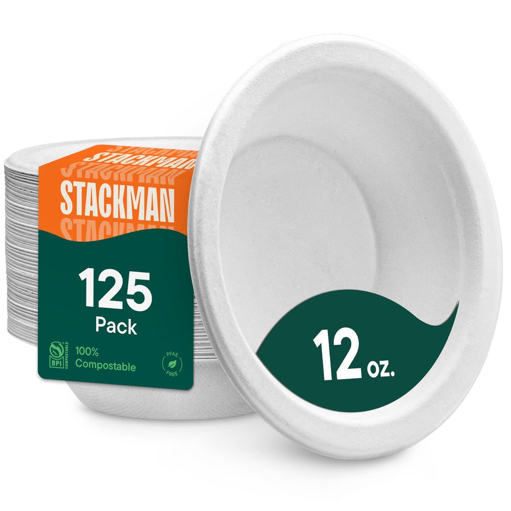 Stack Man 100% Compostable 12 oz Heavy-Duty Bowls [125-Pack] Eco-Friendly Disposable White Bagasse Bowl, Made of Natural Sugarcane Fibers - 12 Ounces Biodegradable Paper Bowls by