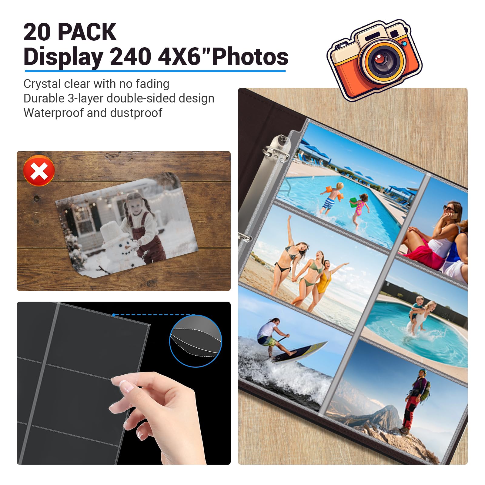 20 Pack 4x6" Photo Album Refill Pages 12x12 for 3 Ring Binder Album, Ultra-Clear Photo Sleeves Holding 240 Pictures, Double-Sided 6 Pockets Photo Pages , Photo Sheet Protector for Photos and Postcards