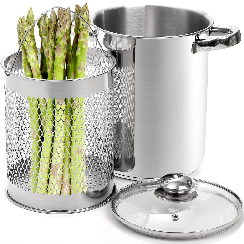 AVLA Asparagus Pot, 4 Quart Stainless Steel Steamer Cooker, Vegetable Asparagus Cooker with Removable Basket and Lid for Pasta, Spaghetti, Boiled Eggs, Shrimp, Oil Deep Fry Pan for French Fries
