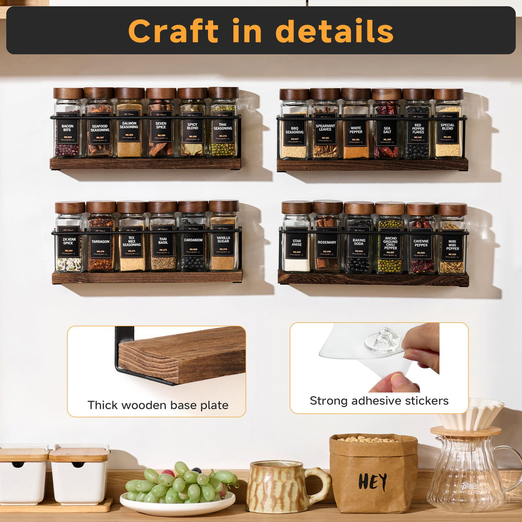 KitHero 4-Tier Wall Mount Spice Rack Organizer- Screw/Adhesive Mount, Black Metal & Wood Spice Storage for Kitchen Pantry Cabinet, 11.6”L x 2.4”W x 3.2”H