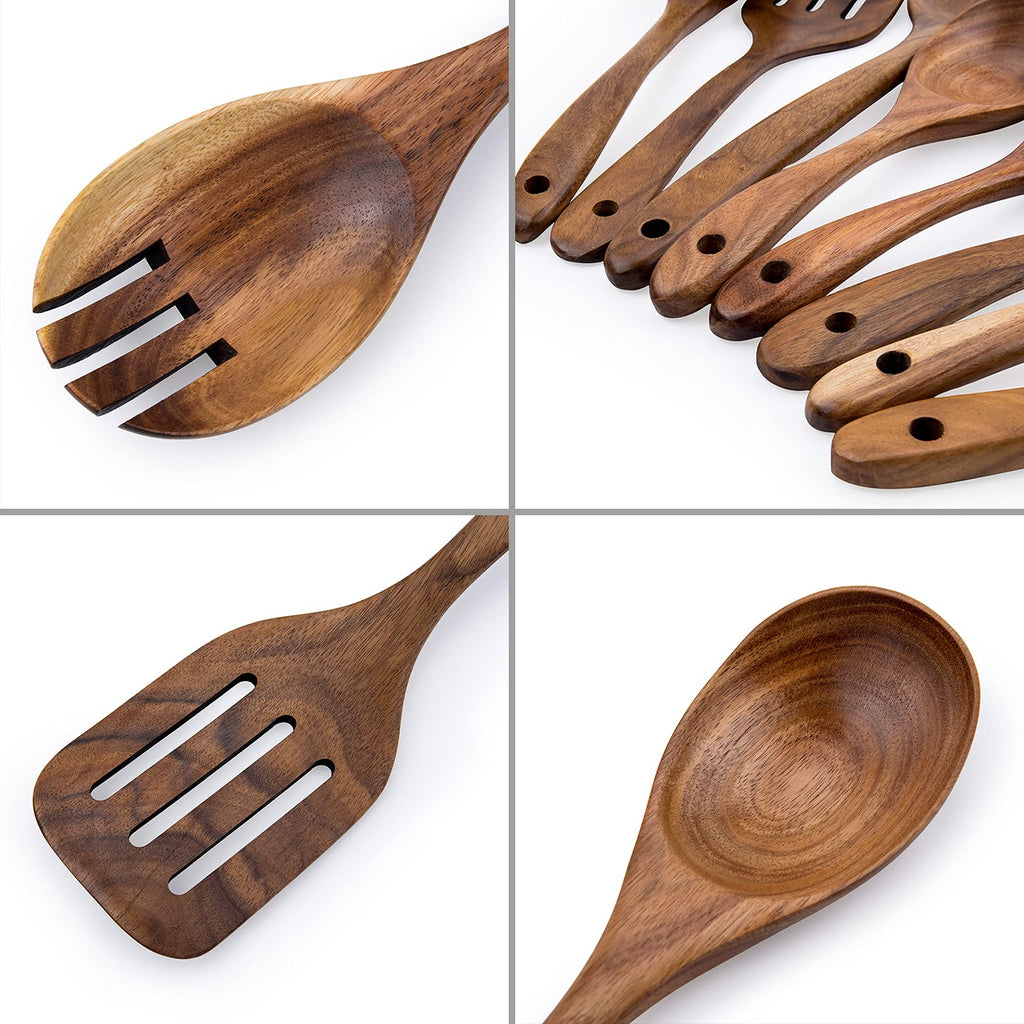 WOODME Kitchen Utensils Set 8 Piece Teak Wooden Cooking Utensil Set Non-Stick Pan Wood Spoons and Spatula Cookware for Home Everyday Use &Kitchen Tools (8pcs)