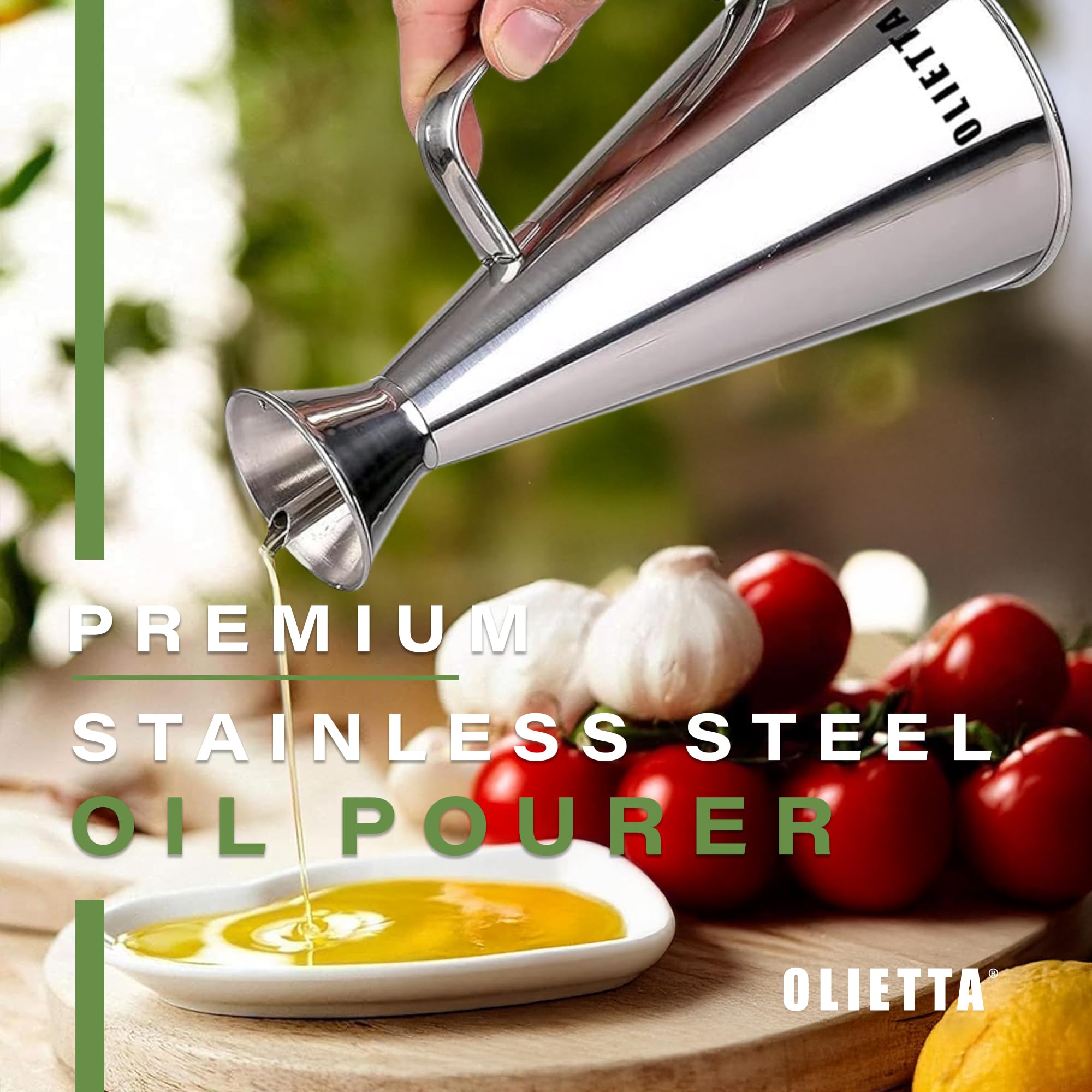 Olietta Oil Dispenser Stainless Steel Non Drip Leak Proof No Mess Olive Oil & Vinegar Pourer & Kitchen Drizzler Bottle 500ML 0.5 Litre Great for Pouring & Drizzling Easy to Clean & Leakproof